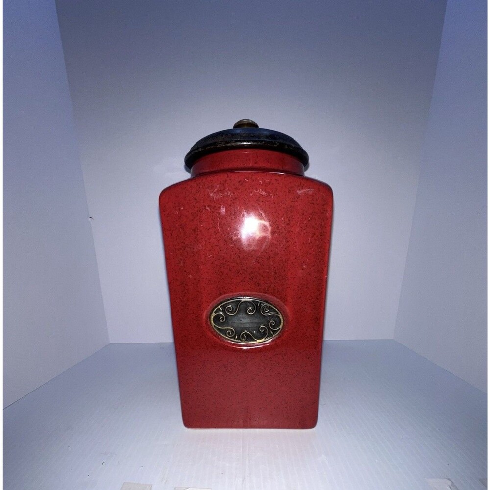 PIER 1 Import Rustic Brick Red Ceramic Canister Vacuum Sealed Lid See Pics